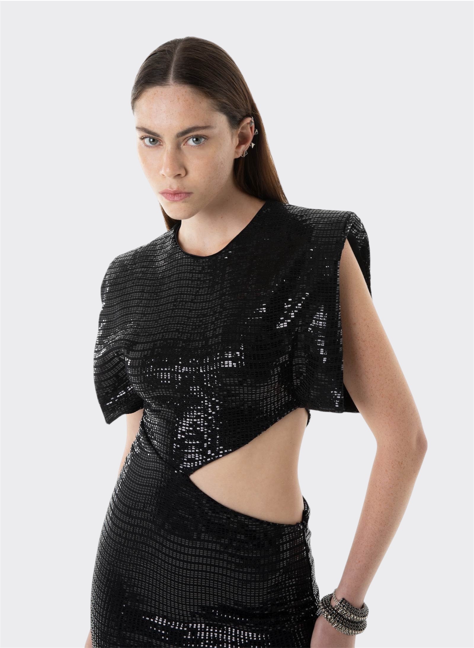 Black Techno Paillettes Mini Dress