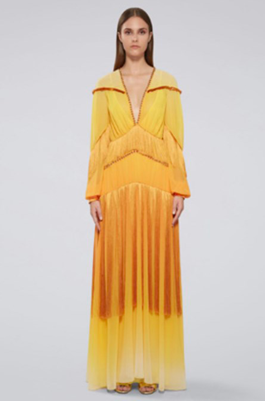 Abito lungo in chiffon sbiadito con frange eteree