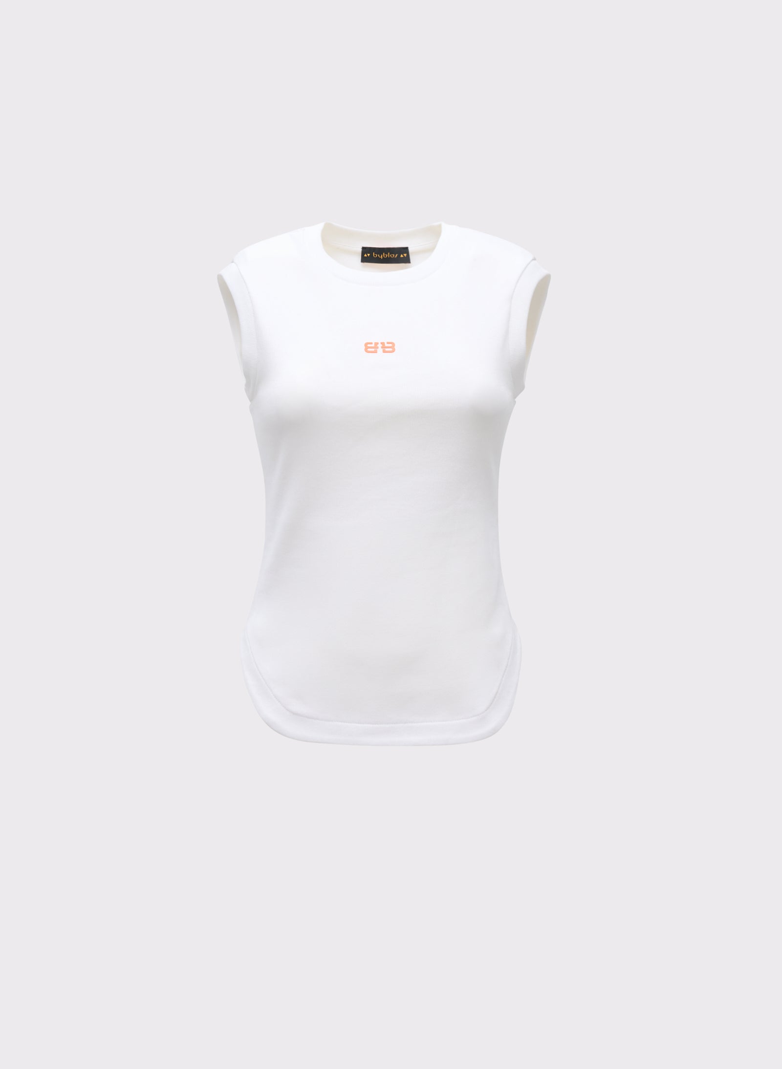 White sleeveless top with a brand logo on a white background