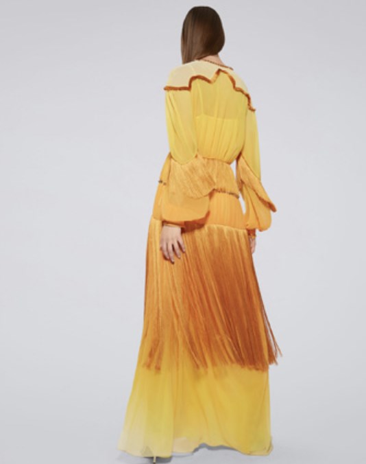 Abito lungo in chiffon sbiadito con frange eteree