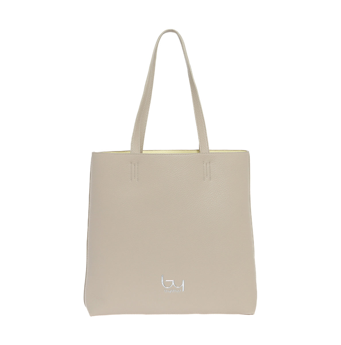 A double-sided beige tote bag with a Byblos logo, made of soft grain synthetic material.