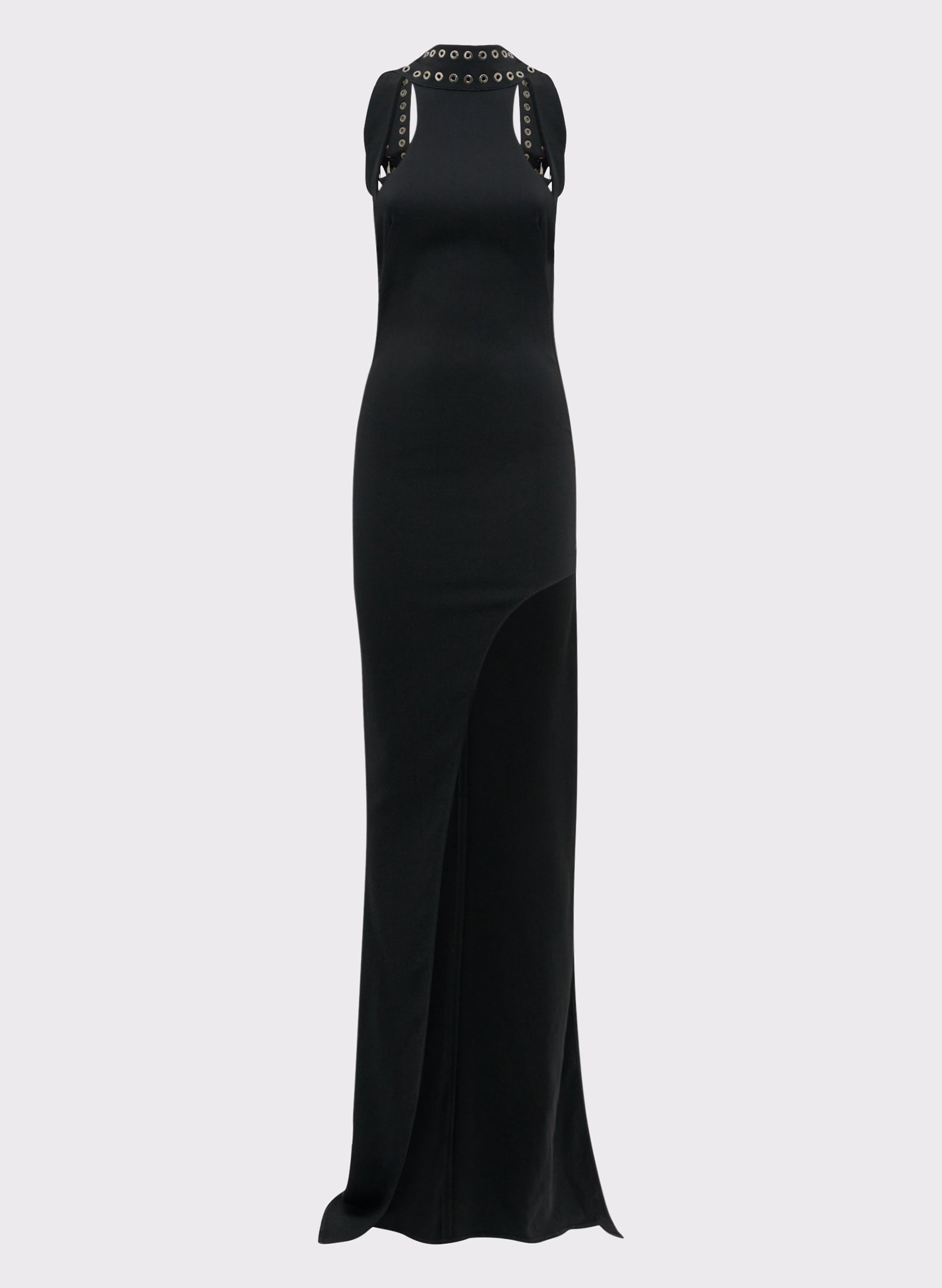 Black evening gown with studded shoulder details on a light gray background