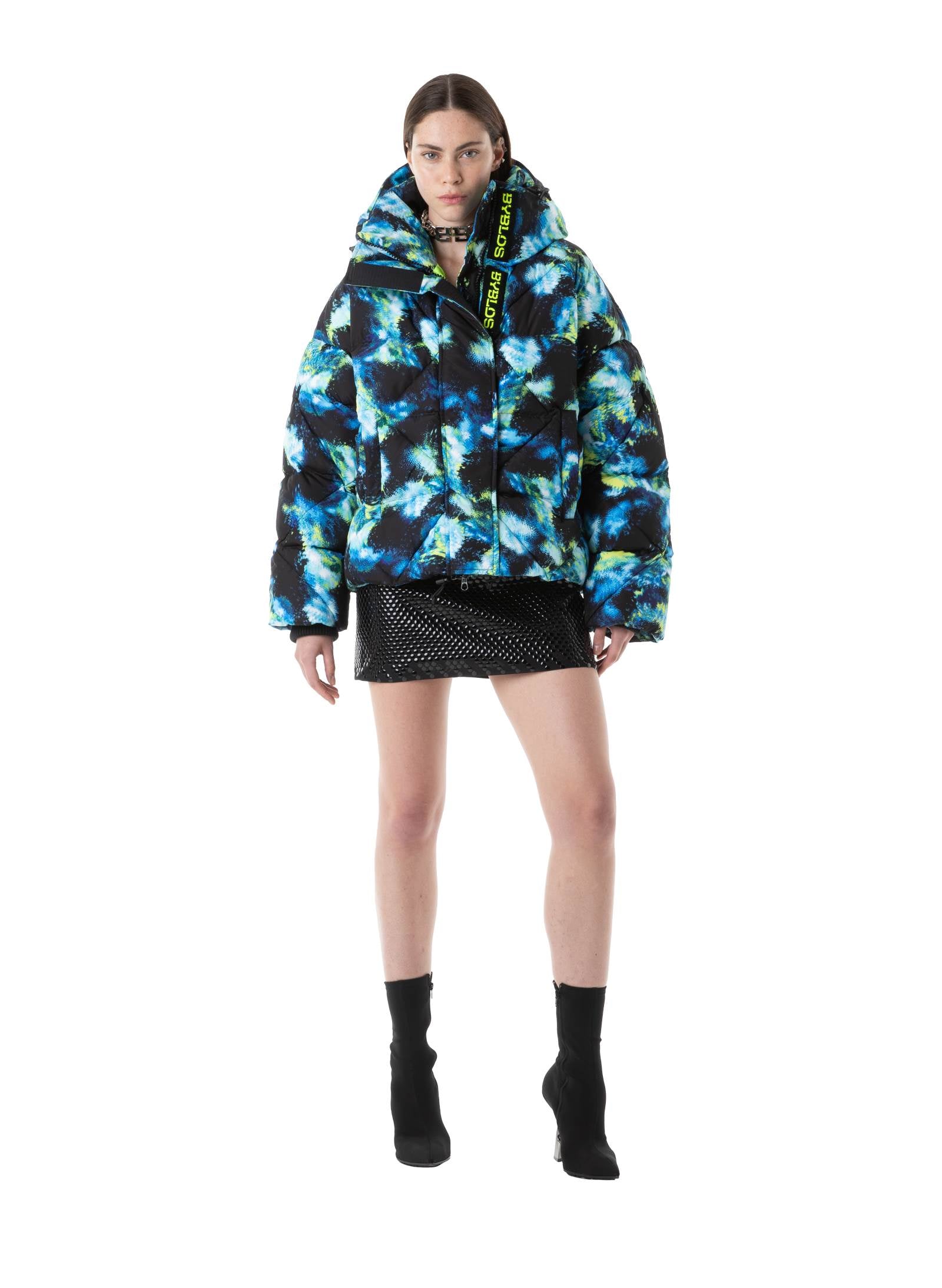 Galaxy Printed Short Blu/Lime Puffer Jacket