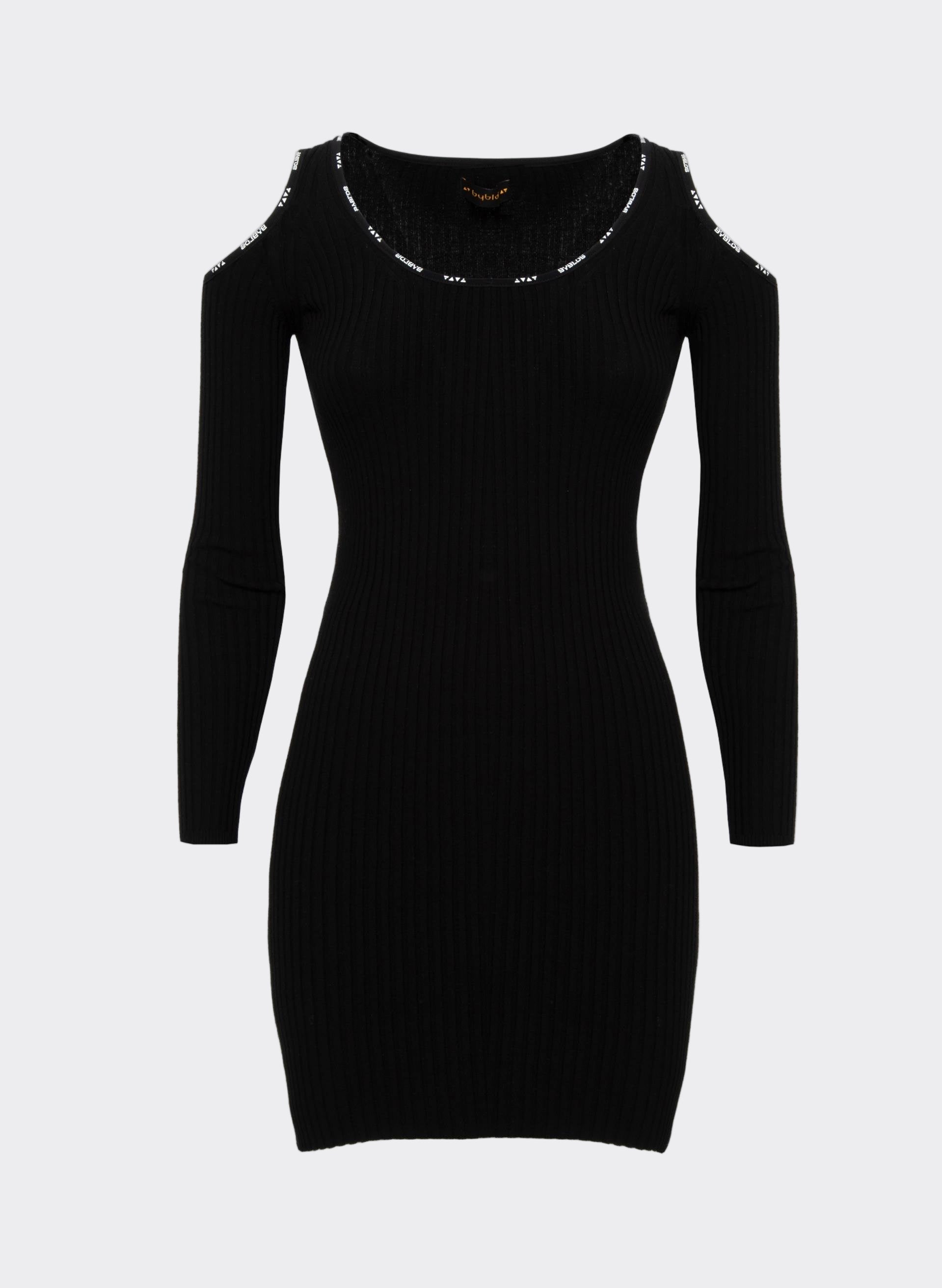 A black ribbed elastic knit dress with white micro sport logo piping on the shoulders and neckline, featuring an open neck, long sleeves, and cut-out shoulders.