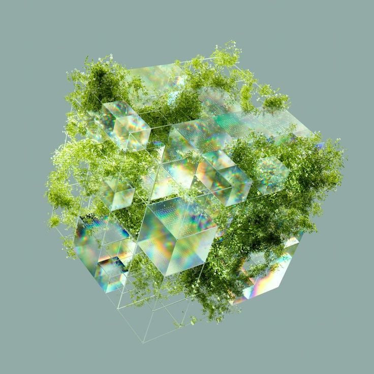 Geometric crystal structure with green foliage on a gray background