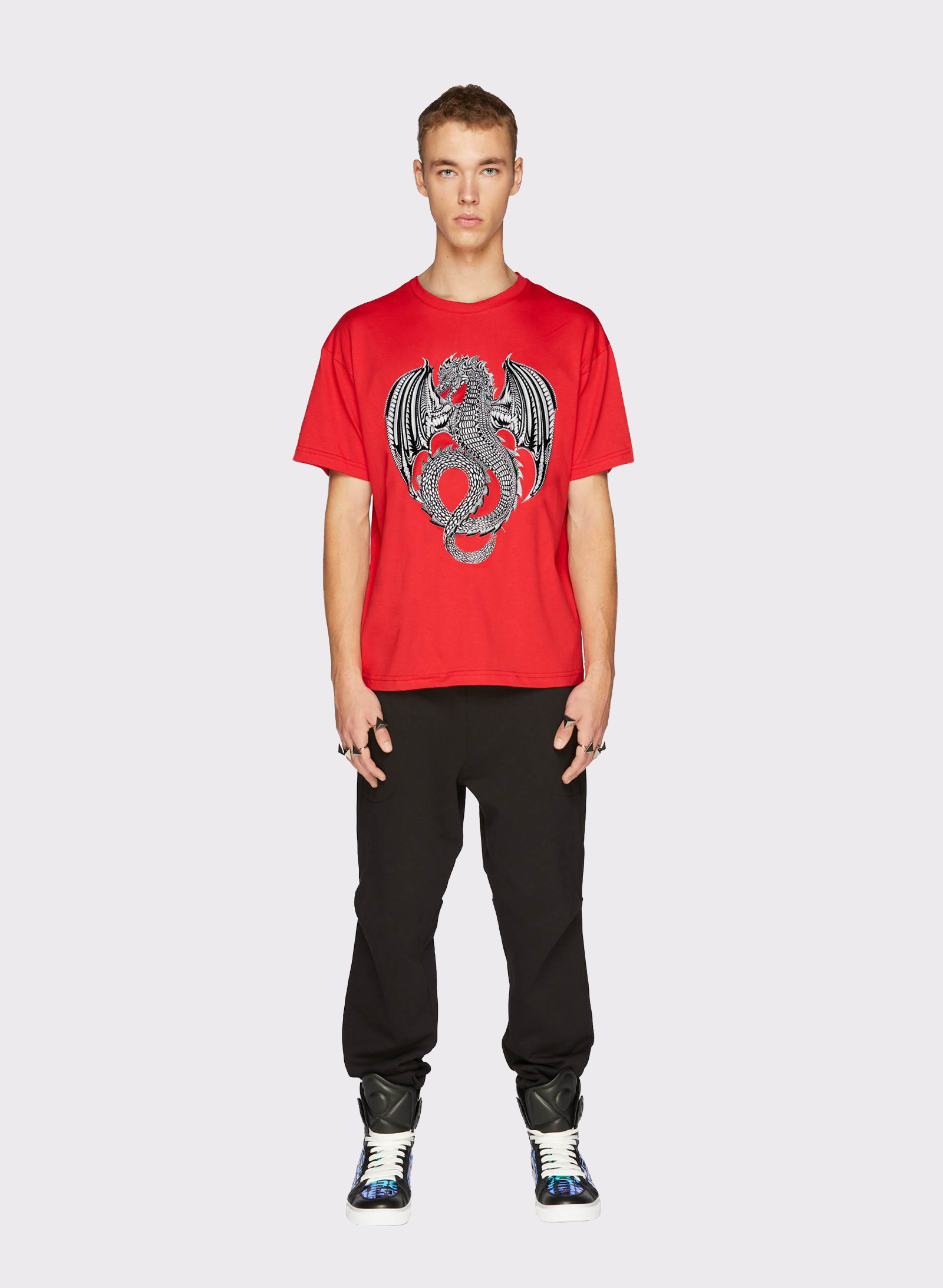 Byblos Cotton T-Shirt with Dragon Graphic Print in red - side view