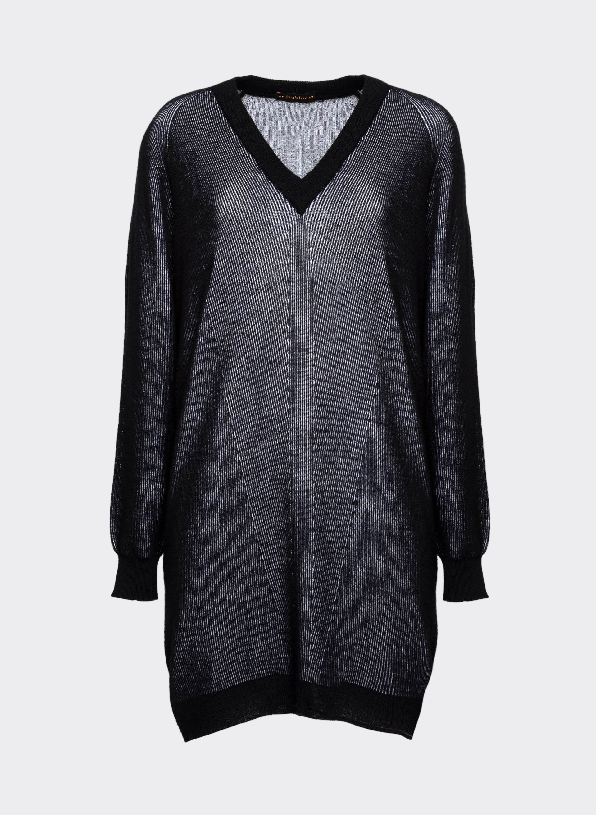 Knit Lines Maxi Jumper in black and silver striped knit with balloon sleeves, embodying Byblos' contemporary elegance.