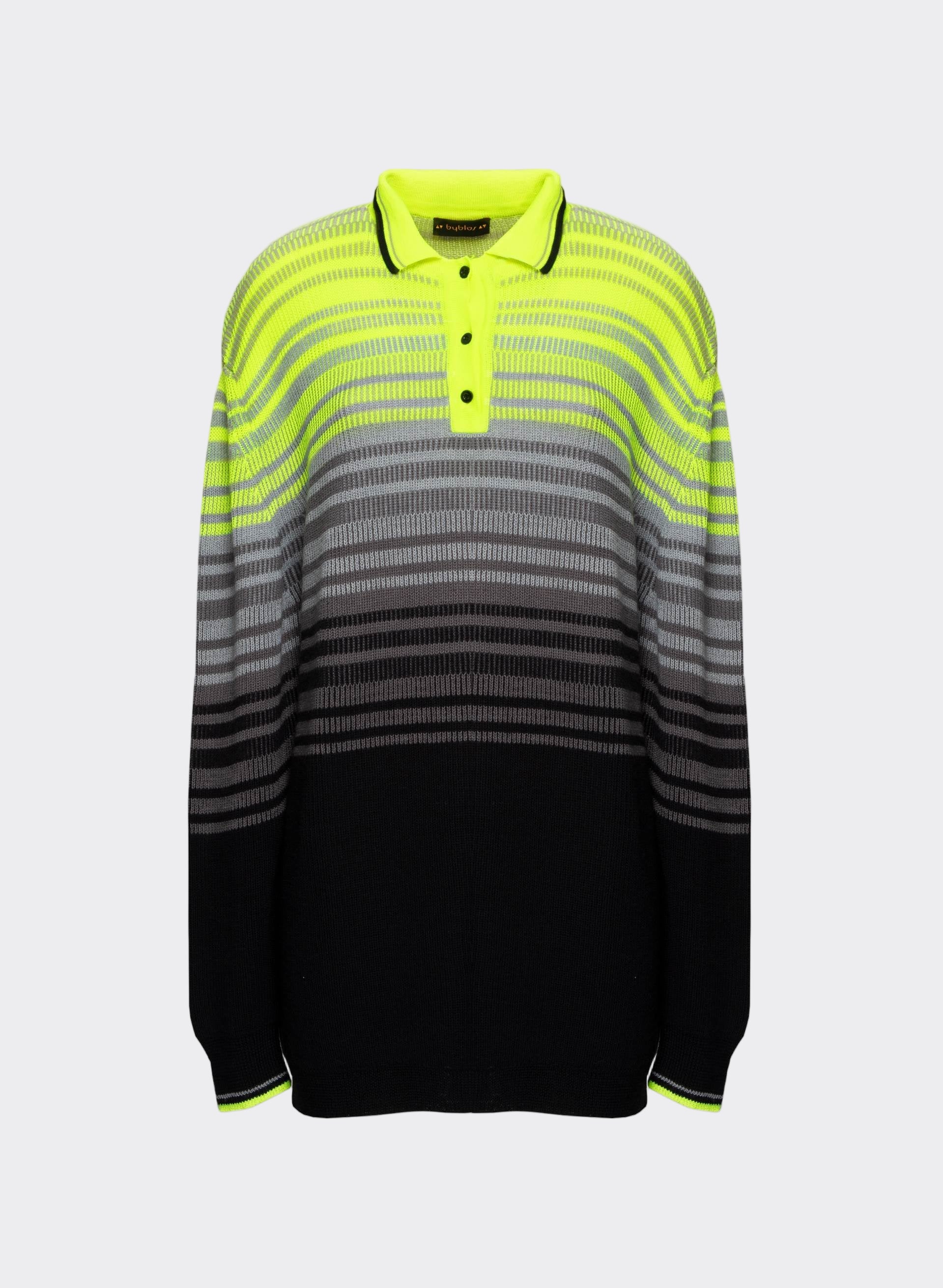 Knitted pullover with a vibrant gradient of neon yellow to black, featuring a classic collar and button closure - Byblos elegance.