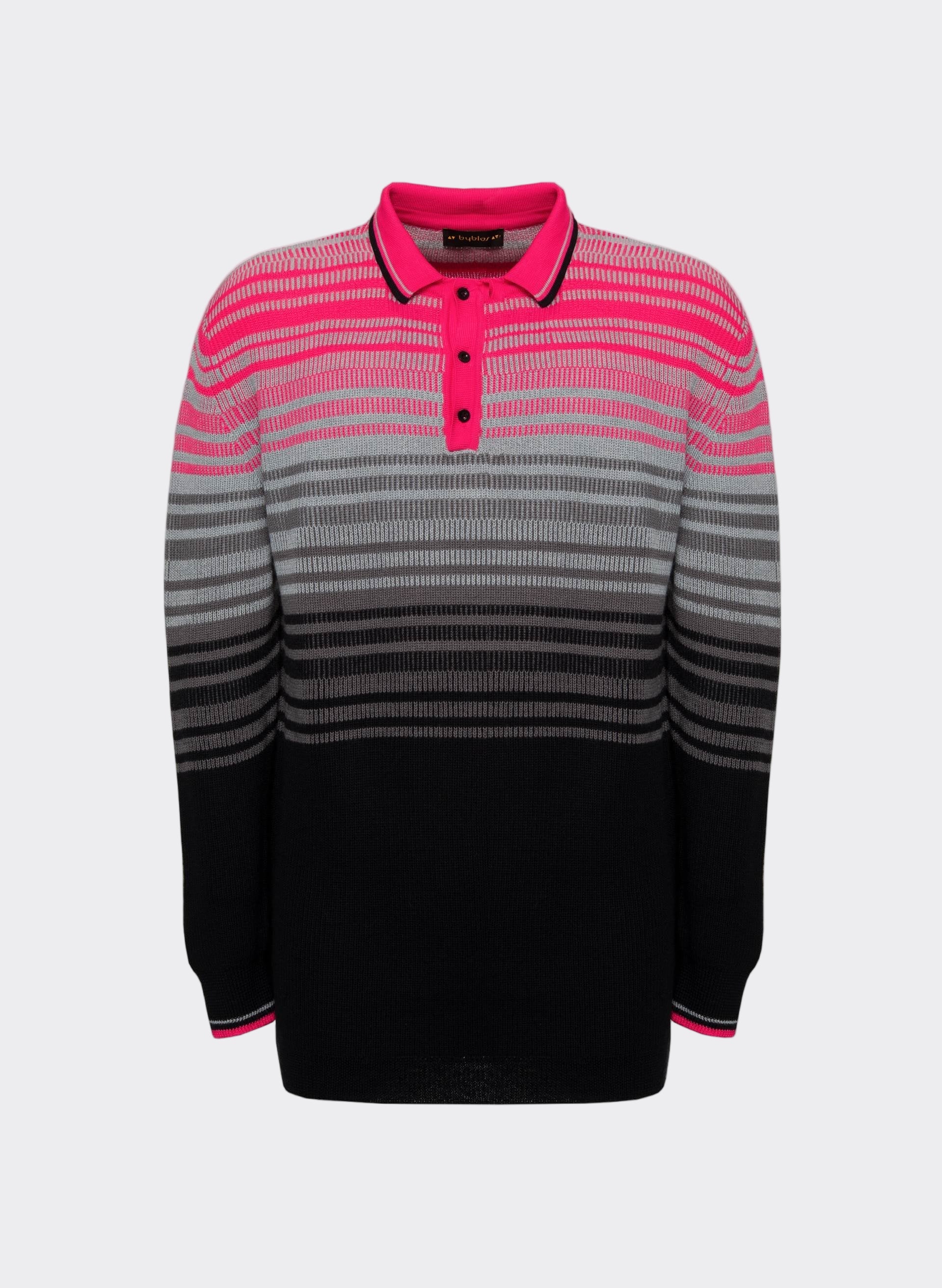 Striped knit polo in vibrant pink, gray, and black hues with a classic collar and button placket - Byblos contemporary style.