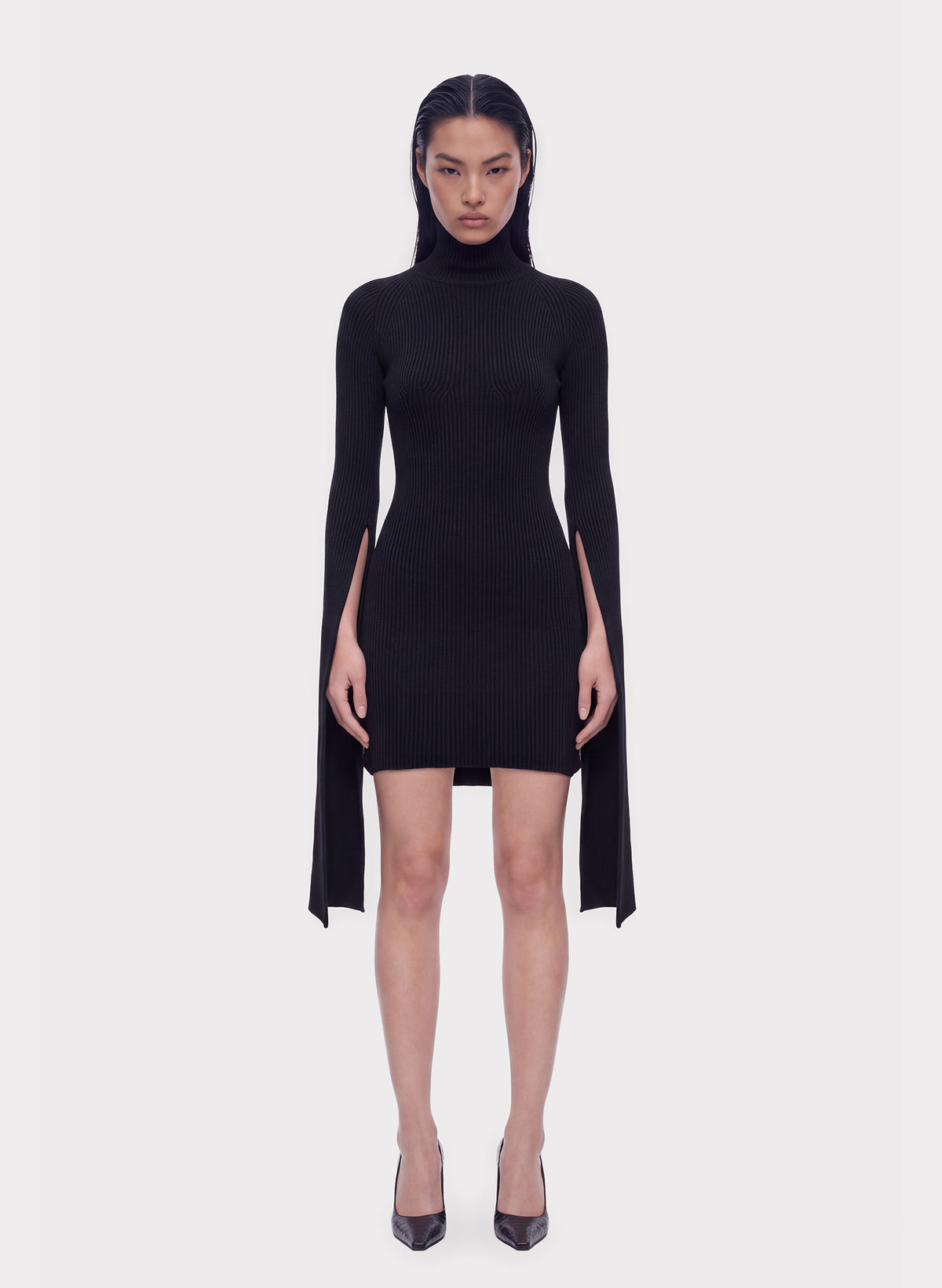 Split-Sleeve Ribbed Knit Dress