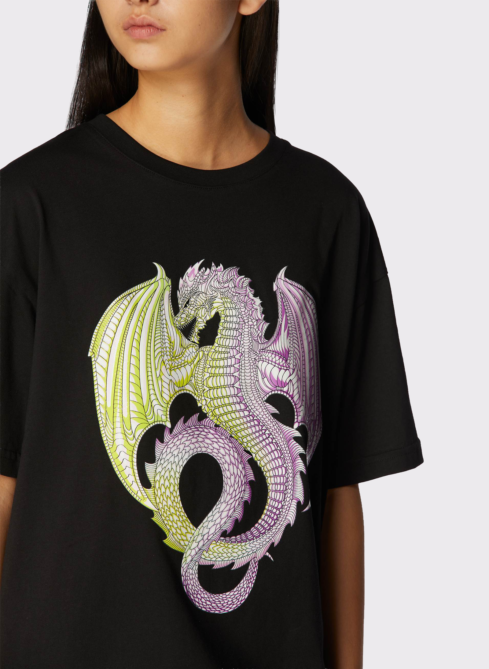 Byblos Cotton T-Shirt with Dragon Graphic Print in black - side view