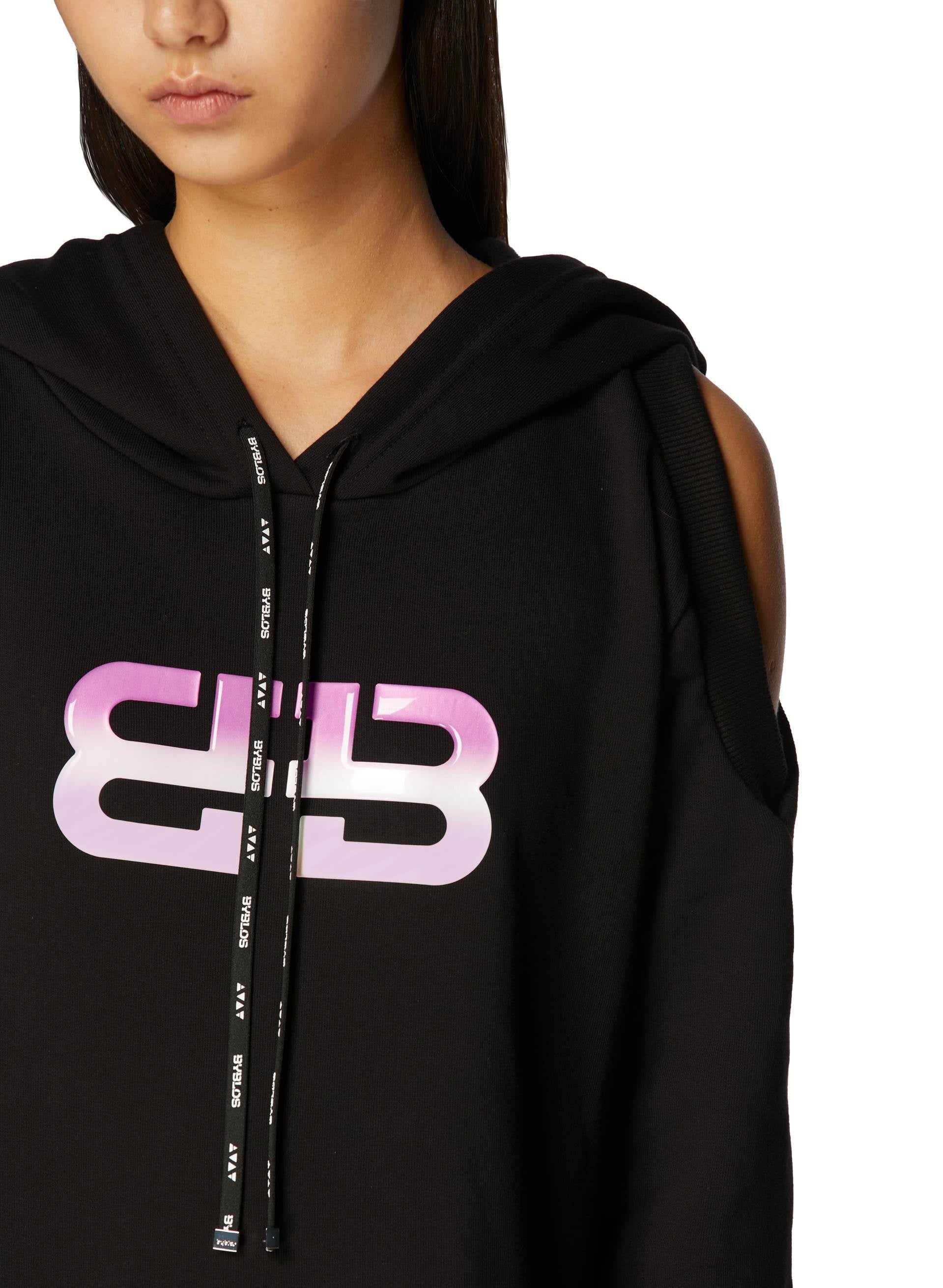 Black Monogram Cotton Dress featuring a gradient logo and cut-out shoulder detail, blending contemporary style with casual elegance.