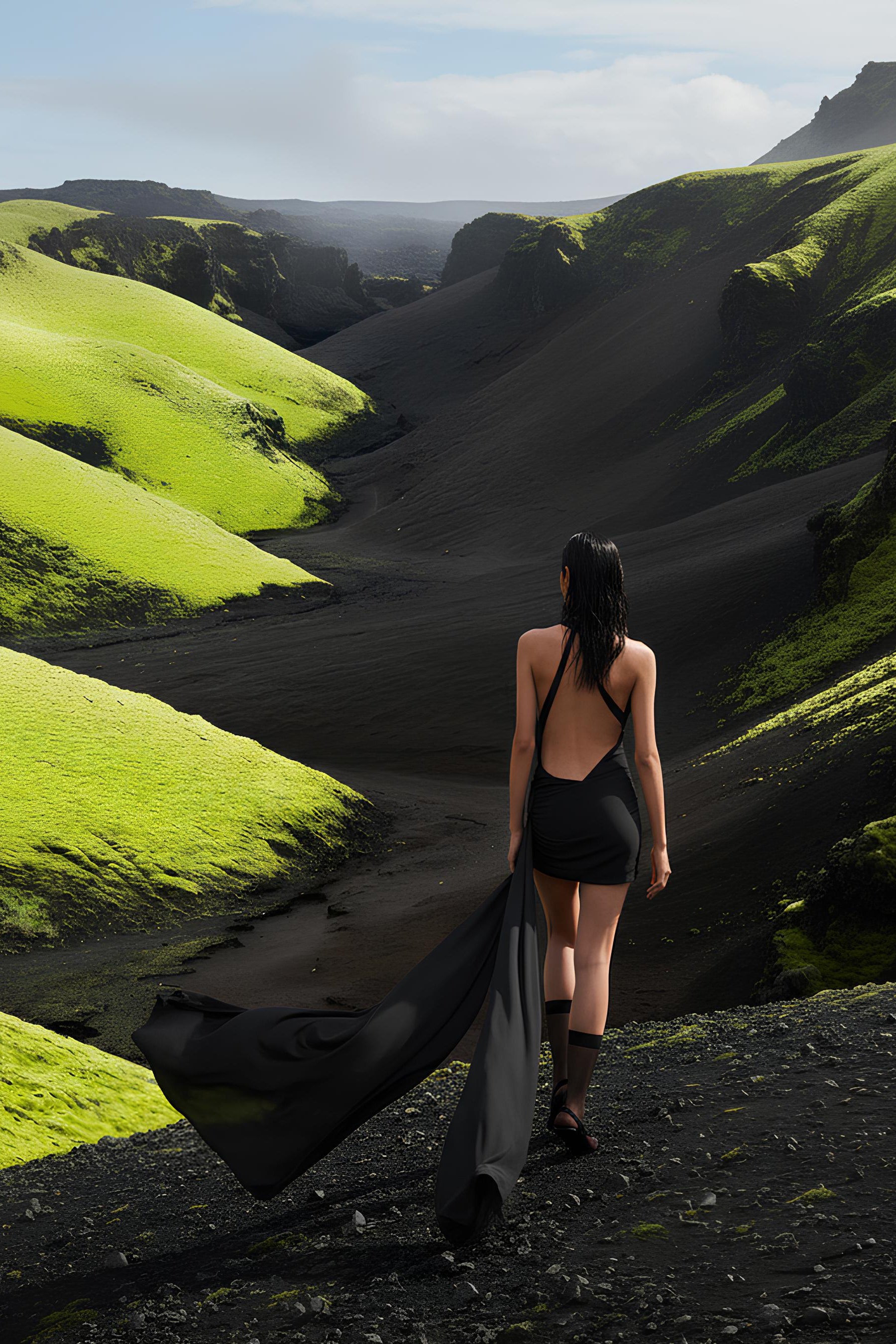 Woman in a black dress walking on a black sand beach with green hills in the background