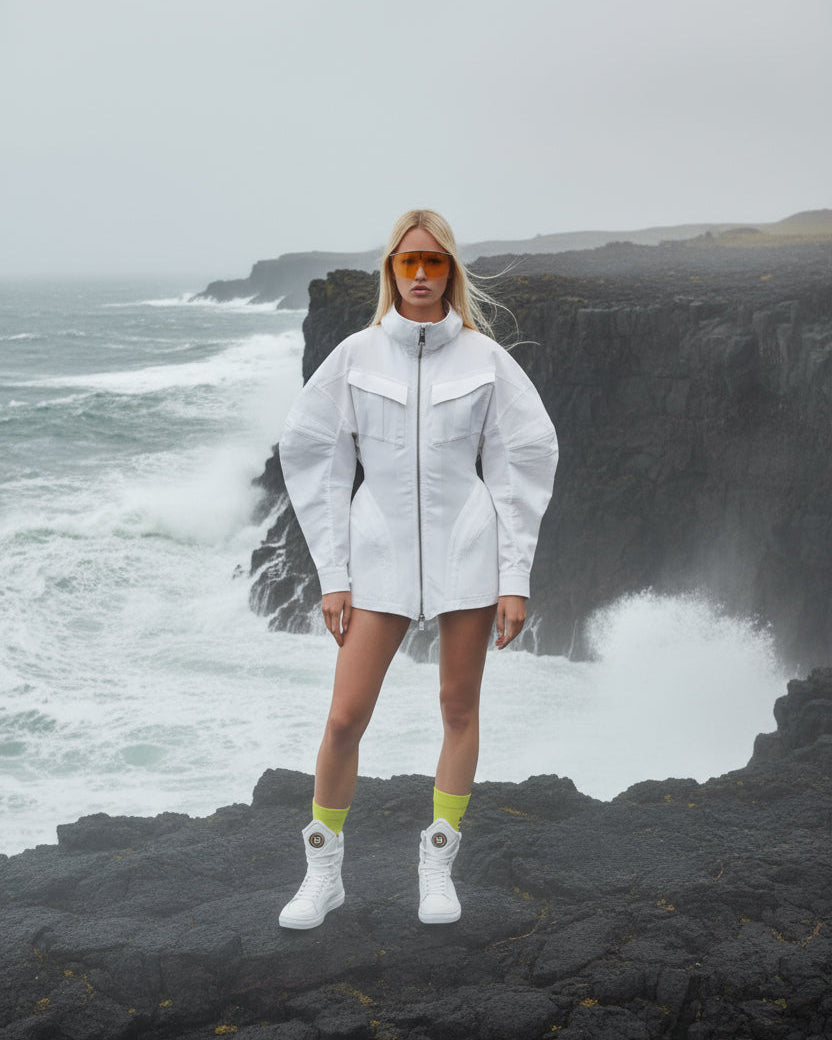 Person wearing a white jacket standing on a rocky coastline with ocean waves.