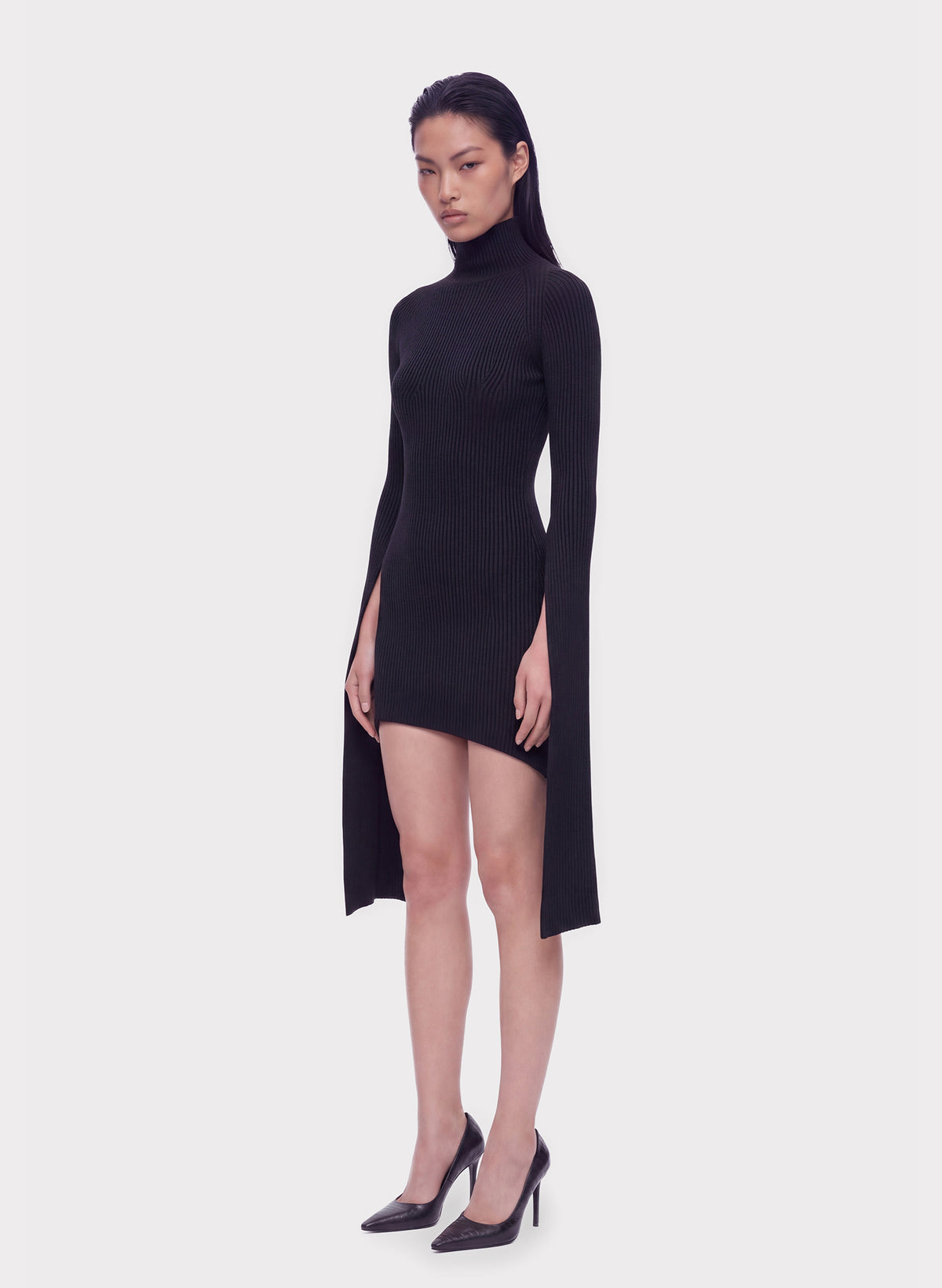 Split-Sleeve Ribbed Knit Dress
