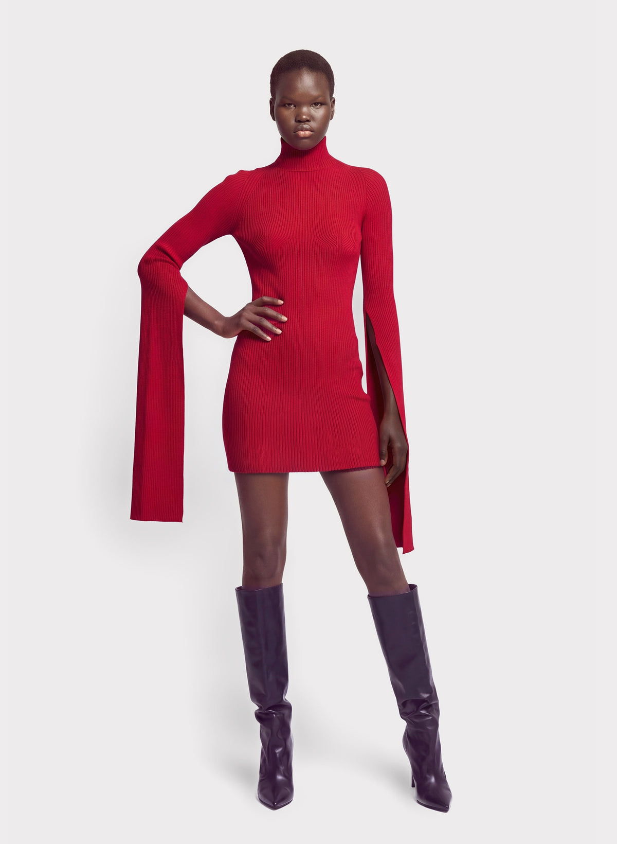 Split-Sleeve Ribbed Knit Dress