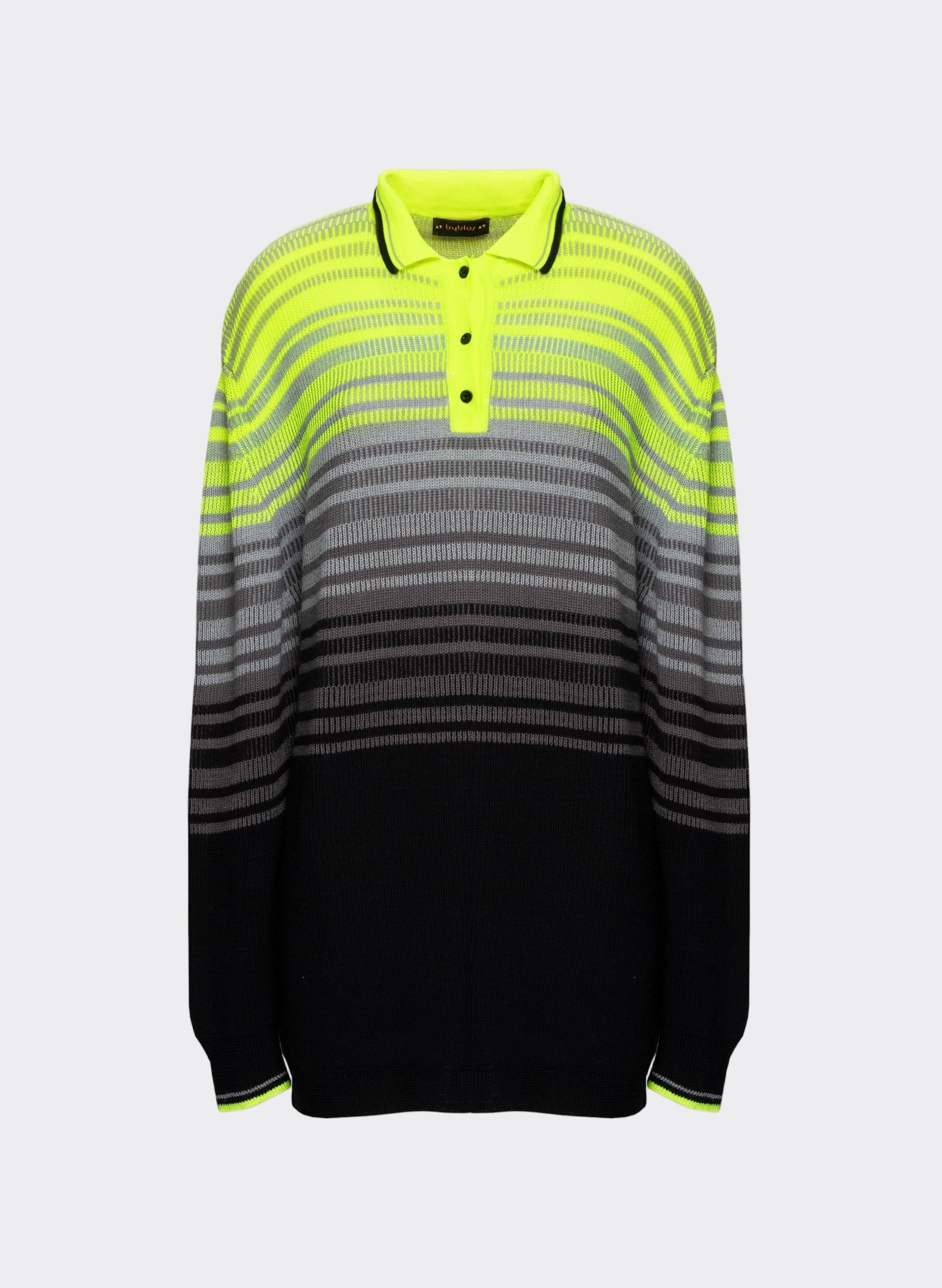Knitted pullover with a vibrant gradient of neon yellow to black, featuring a classic collar and button closure - Byblos elegance.