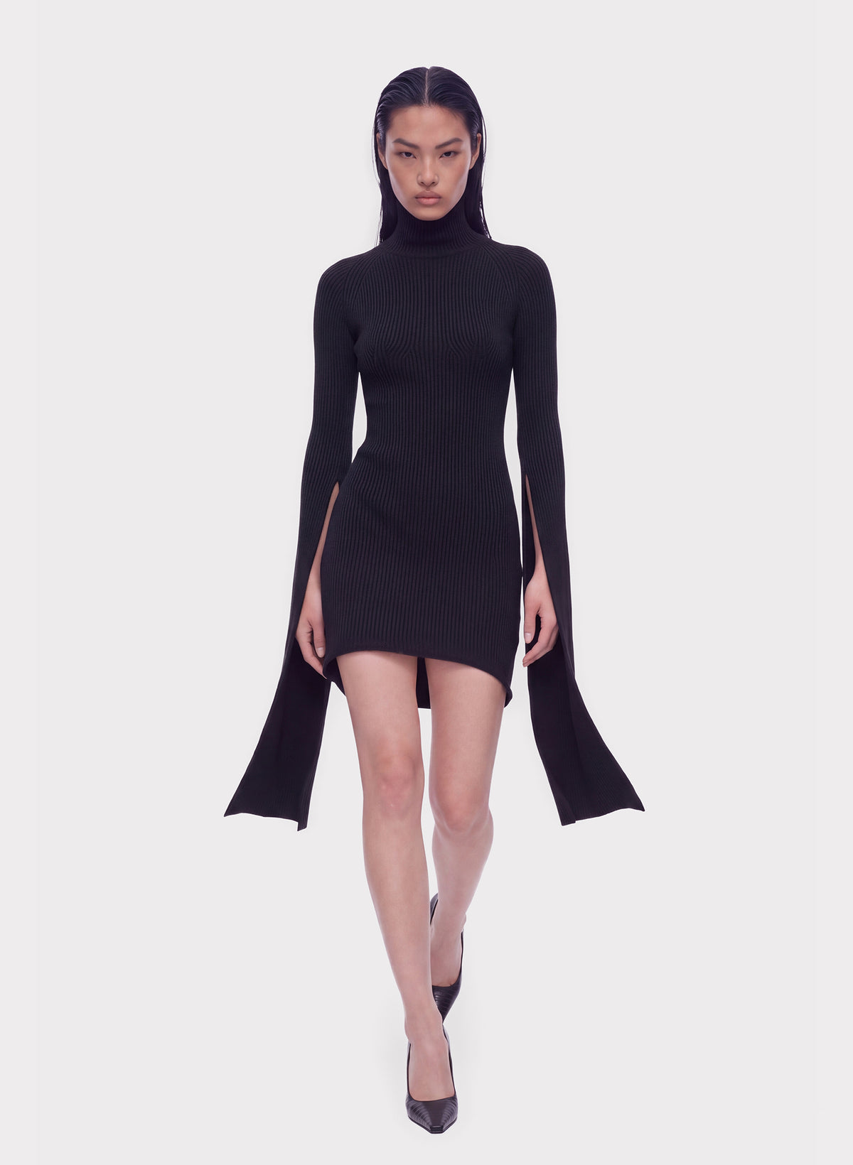 Split-Sleeve Ribbed Knit Dress