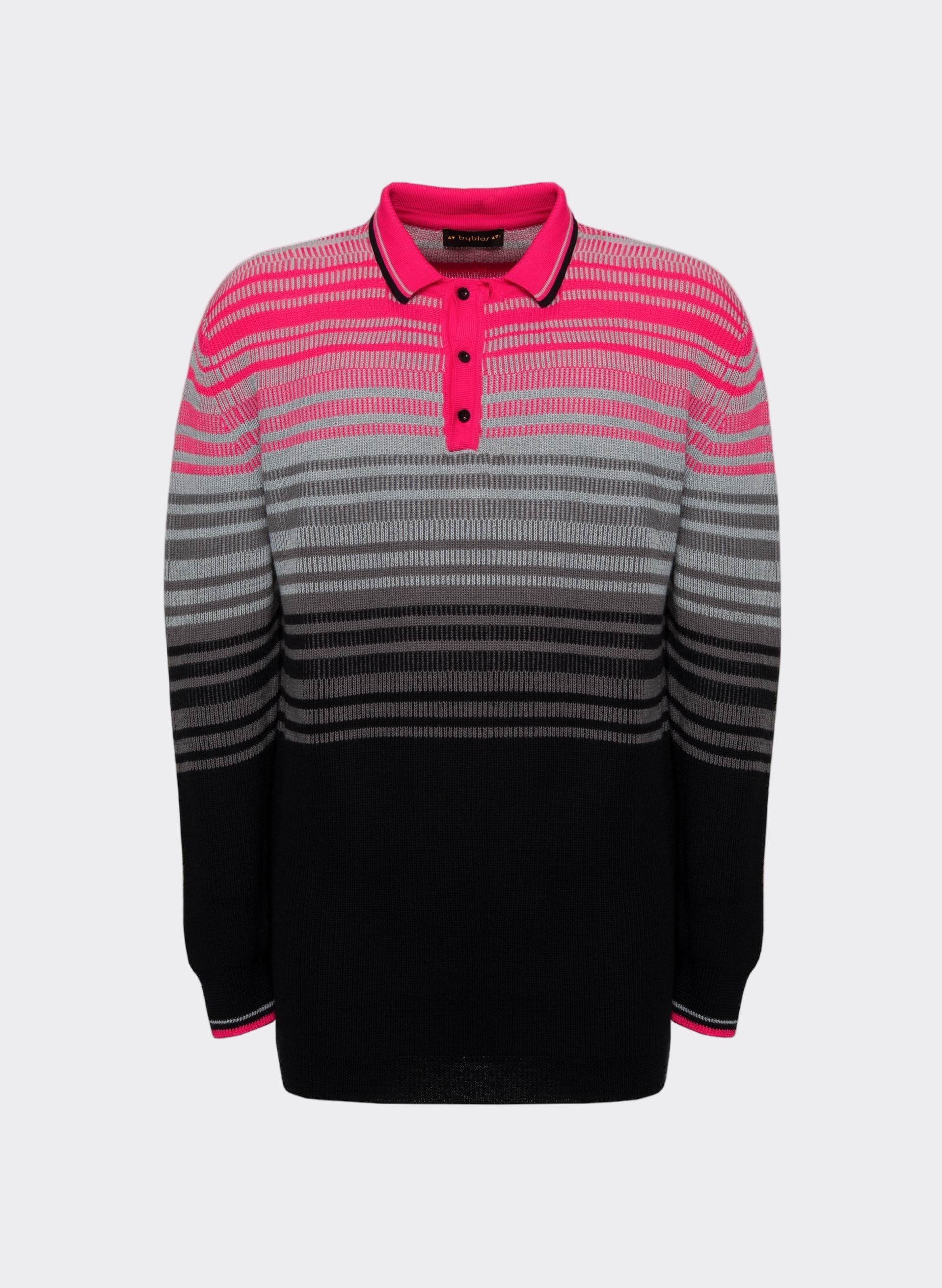 Striped knit polo in vibrant pink, gray, and black hues with a classic collar and button placket - Byblos contemporary style.